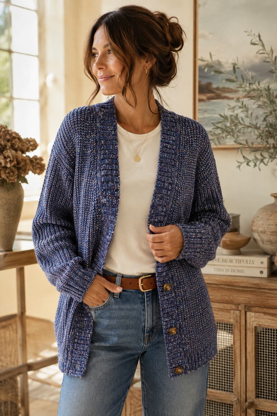 Susan Graver Marled Blue Cardigan L Chunky Knit Grandpa Sweater Coastal Preppy